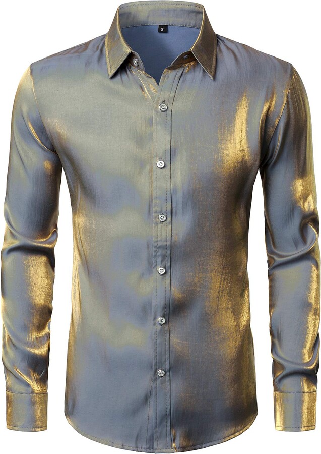 JOGAL Men's Shiny Satin Shirts Long Sleeve Casual Button Down Shirts ...