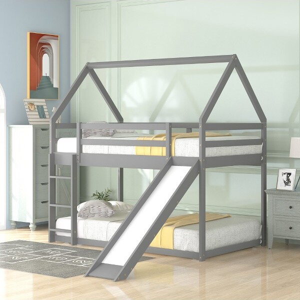 Harper&Bright Designs TwinoverTwinFloorBunkBed,TwinSizeHouseBunkBedwithSlide,Ladder,GuardrailandRoofsforGirlsBoys,White