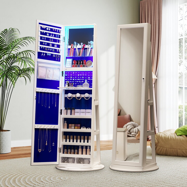 Aenkyo 360° Swivel Jewelry Armoire with Lights, Modern Standing Full-Length Mirror with Jewelry Organizer Cabinet for Women, White