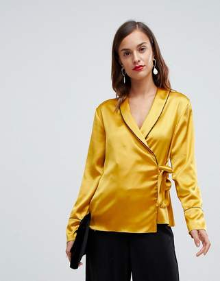 ASOS Design DESIGN satin wrap top with piping detail and long sleeves
