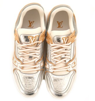 Louis Vuitton Men's LV Trainer Sneakers Monogram Embossed Metallic Leather Silver