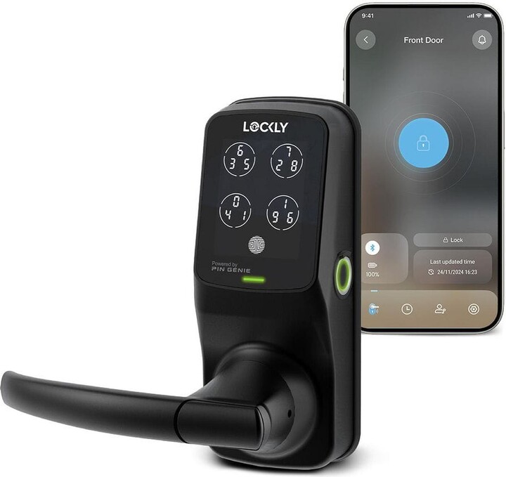 Lockly Secure Plus Matte Black Spring-Loaded Latchbolt Smart Lock With Lever Door Handleset, Fingerprint, Keypad, Bluetooth