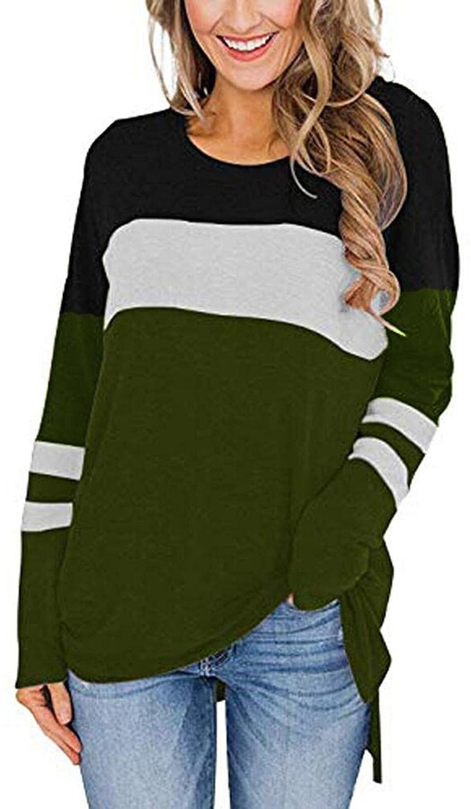 Womens Crewneck Color Block Knitted Tops Splicing Long Sleeve Loose Sweater Tunic T-Shirts Blouses 