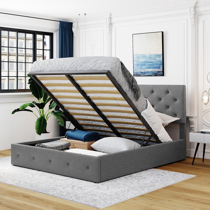 GEROJO Linen Upholstered Platform Bed with Hydraulic Storage, Stylish