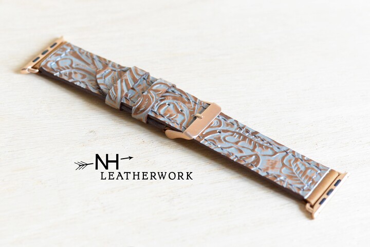 Leather Watch Band Strap Rose Gold & Gray Floral Embossed Apple 38mm 40mm 41mm 42mm 44mm 45mm 46mm 49mm, Samsung Galaxy Ultra 47 8