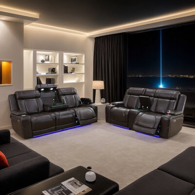 Ivy Bronx 2 Pieces Classic Leather Power Reclining Sofa Set With Arm-Integrated Cup Holders & Storage