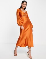 Thumbnail for your product : ASOS DESIGN bias satin long sleeve midi dress with delicate lace detail and twist front detail in rust