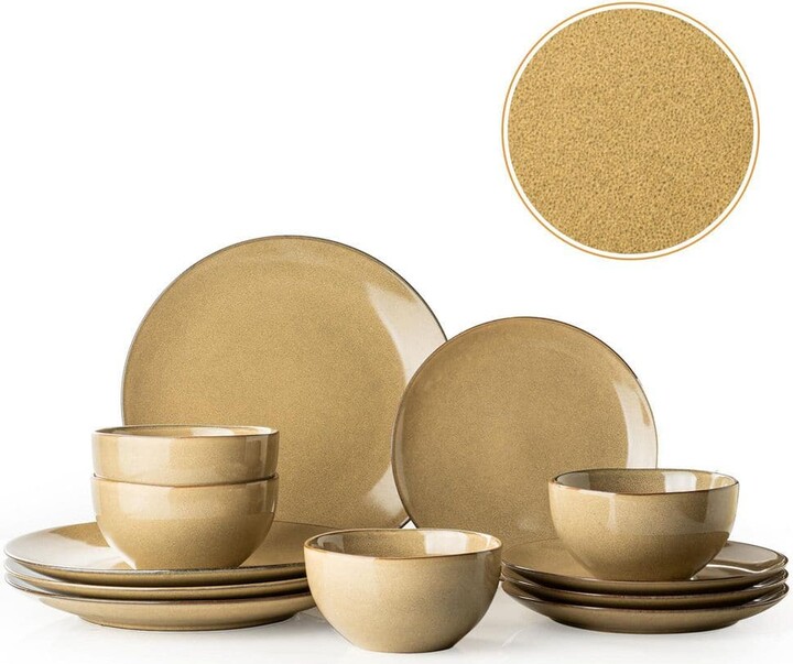 Wudkey 12 Pieces Modern Yellow Ceramic Dinnerware Set for 4, Plates and Bowls Sets, Microwave and Dishwasher Safe