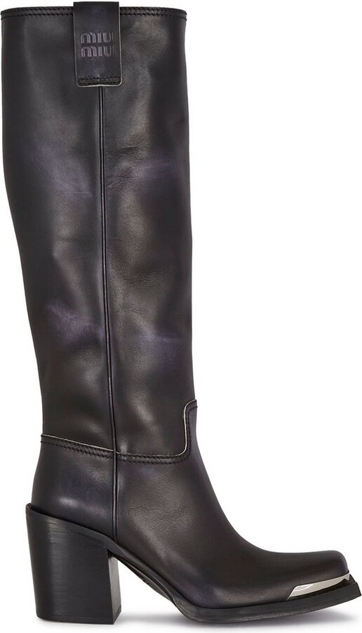 Miu Miu Logo Engraved Block Heeled Boots - ShopStyle