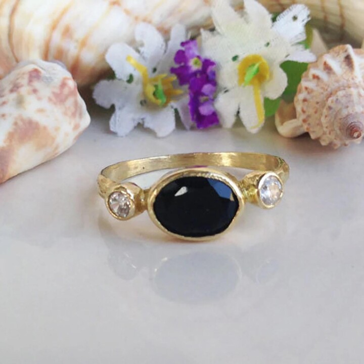 Etsy Black Onyx Ring - December Birthstone East-West Oval Gemstone Bezel Set Dainty Hammered Gold Band