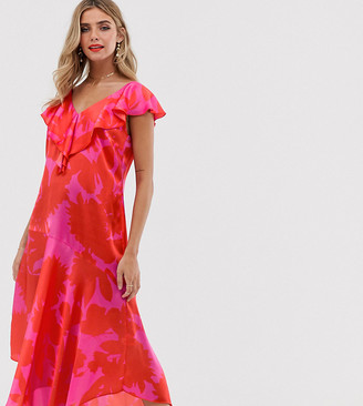 Twisted Wunder asymmetric satin drop hem ruffle dress in pink and red