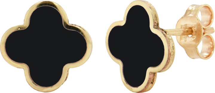 Italian Gold 14K Yellow Gold Clover Stud Earrings - Onyx