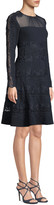 Thumbnail for your product : Elie Tahari Cora Shirred Jewel-Neck Long-Sleeve A-Line Crepe Dress w/ Floral-Guipure