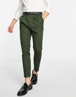 ASOS DESIGN tapered turnup smart pants in khaki texture - ShopStyle