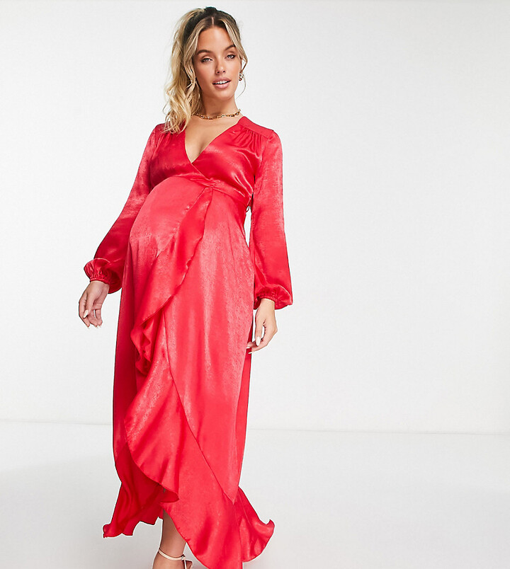 Flounce London Maternity satin long sleeve wrap maxi dress in red -  ShopStyle