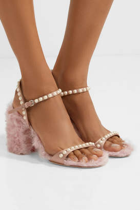 Miu Miu Faux Pearl-embellished Silk And Faux Shearling Sandals