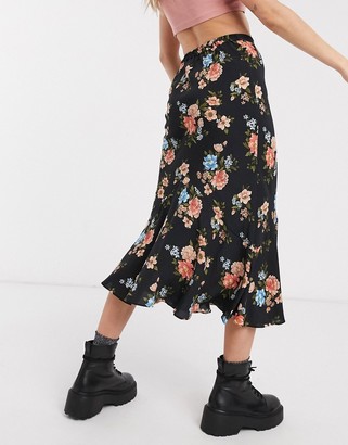 Topshop floral print midi skirt in navy