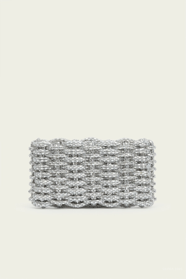 Simkhai Morgan Woven Rhinestone Clutch in Silver