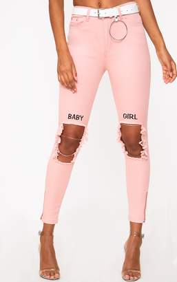 PrettyLittleThing Pink Baby Girl 5 Pocket High Waisted Skinny Jean