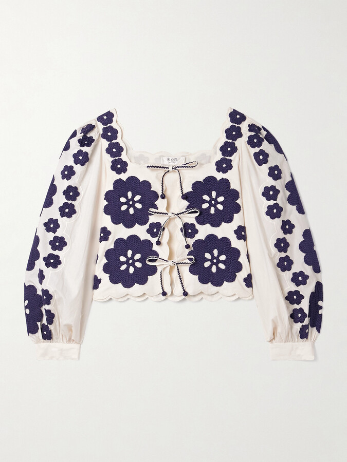 Sea Catrine Tie-front Scalloped Appliquéd Cotton-voile Blouse - Ivory