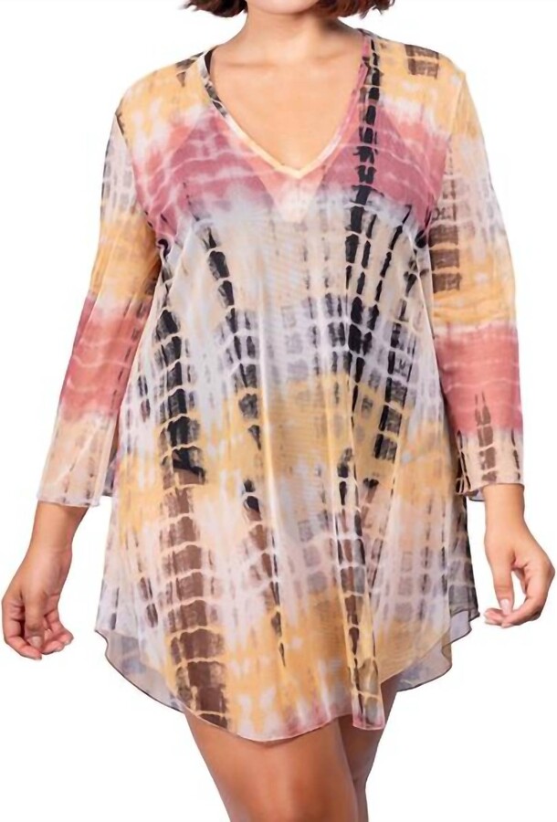 Jordan Taylor V-Neck Bell Sleeve Tie Dye Tunic In Multi