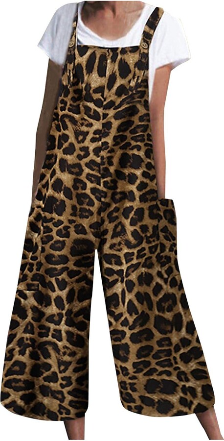 CHAOEN Women Casual Long Dungarees Leopard Print Playsuit Wide Leg Overalls  Baggy Cotton Rompers Jumpsuits with Pockets - ShopStyle