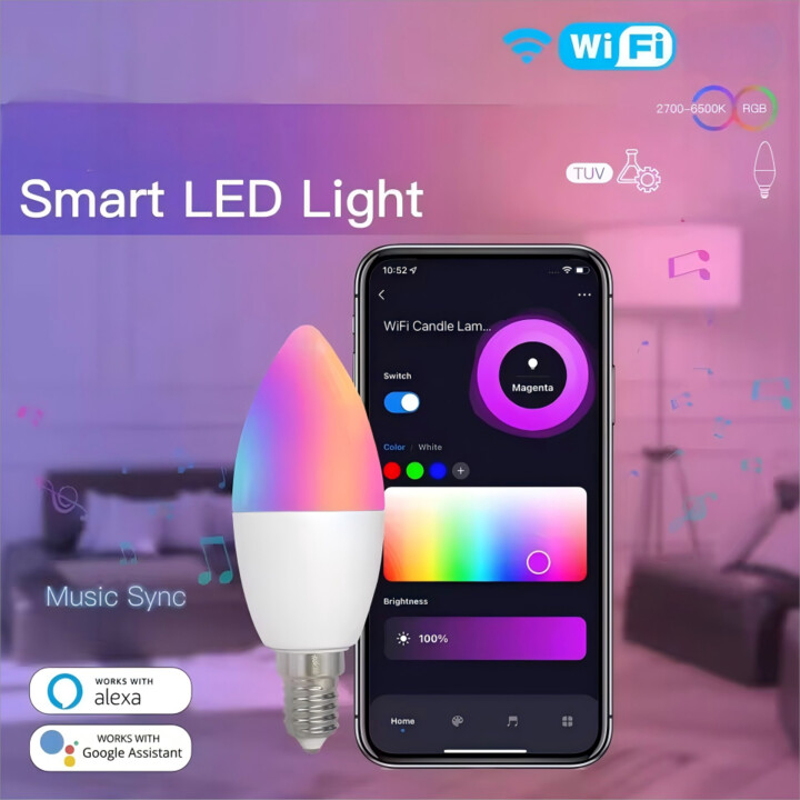 SUIDHOME Smart WiFi LED Bulb E12 Candel Light 5W 110V Dimmable RGB+CW+WW Lamp APP Voice Control Alexa Google Assistant Home Decor