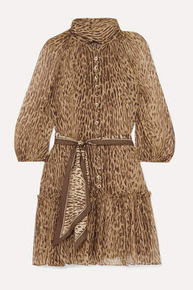 Zimmermann Espionage Pussy-bow Leopard-print Silk-georgette Mini Dress - Brown