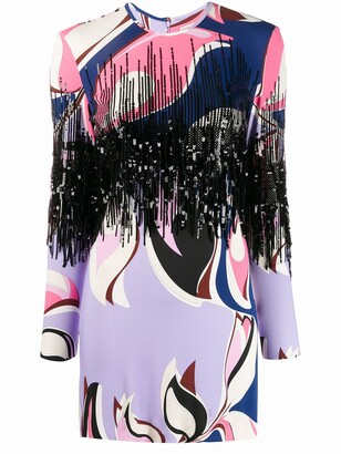 Pucci Heliconia Print Sequin Fringe Mini Dress