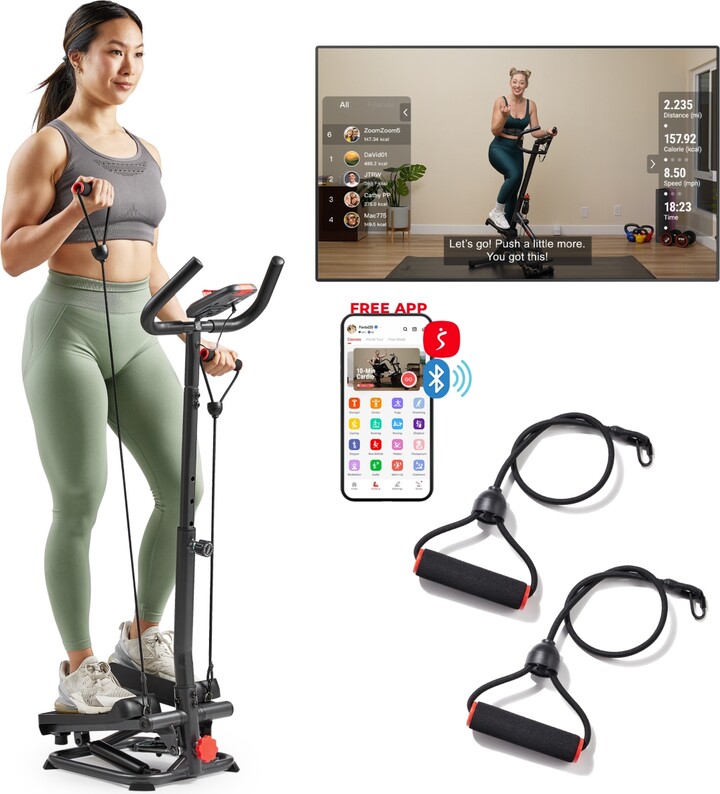 Sunny Health & Fitness Smart Stair Exercise Stepper Machine for Home with Handlebar & Resistance Bands, Free SunnyFit App Via Bluetooth