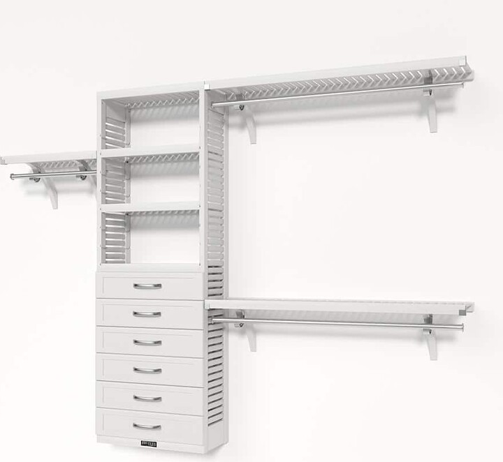 72 in. W - 120 in. W White Reach in with 6 Shaker Style Drawers 12 in. Shelf Wood Closet System
