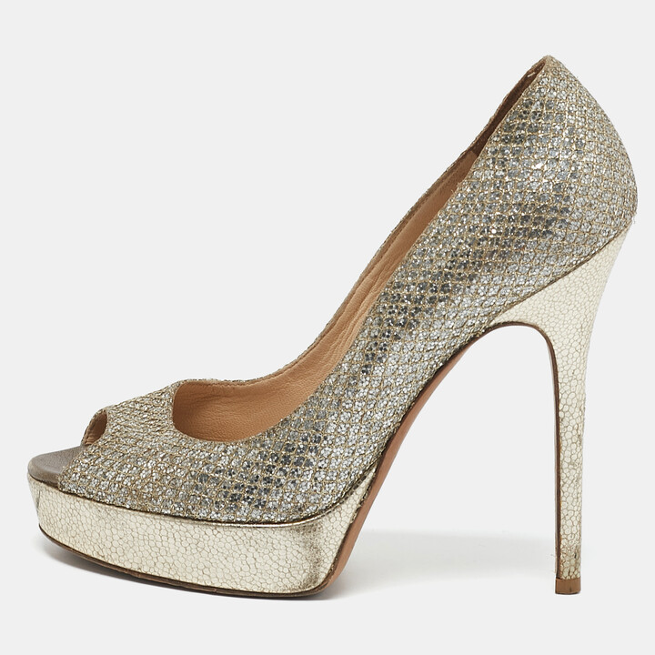 Jimmy Choo Gold/Silver Glitter and Leather Luna Peep Toe Pumps Size 37