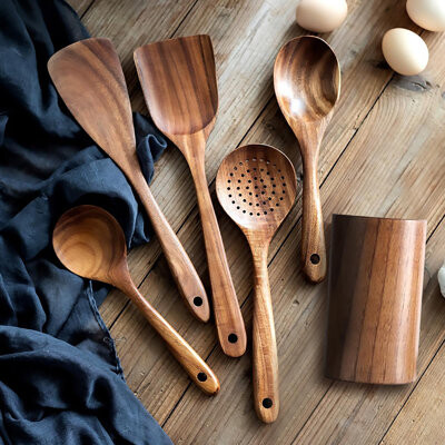 baiteyou 6-Piece Wooden Cooking Utensil Set Including Spoons With A Storage Rack Comfortable To Hold Suitable For Non-Stick Cookware.