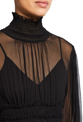 Rebecca Taylor Smocked Silk Chiffon Midi Dress