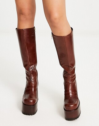 ASOS DESIGN Chance premium leather platform knee high boots in choc brown -  ShopStyle