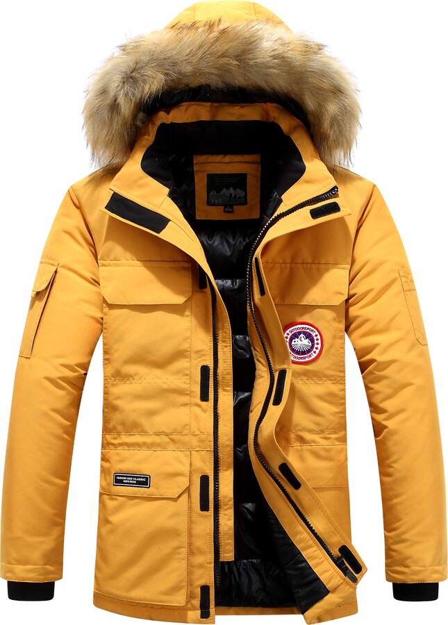moxishop Mens Winter Coats Fur Hooded Outwear Casual Outdoor Thicken Warm  Winter Clothes Jacket Windproof Windbreaker Parka Detachable Hoode 5colour  UK XS-4XL (Yellow - ShopStyle