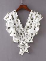 Thumbnail for your product : Shein Foliage Print Tie Back Crop Blouse
