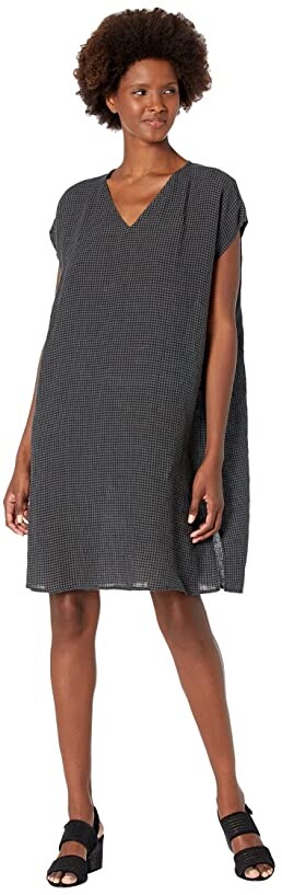Eileen Fisher V-Neck Knee Length Dress in Puckered Organic Linen - ShopStyle