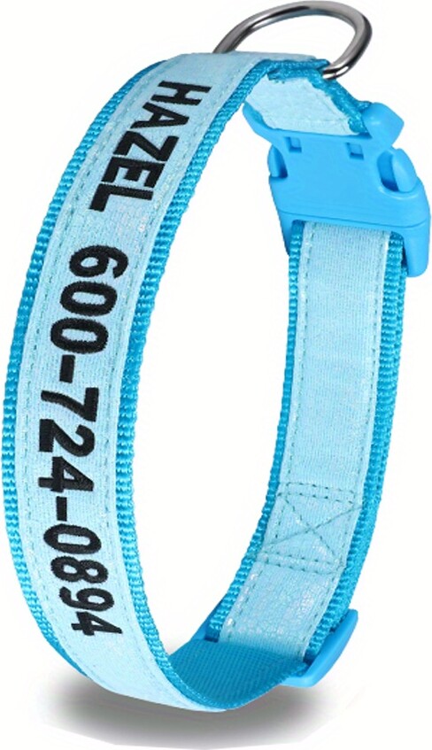 Temu Personalized Glowing Luminous Dog Collar - Custom Embroidered Name & Phone Number, Durable Nylon Striped Id Collar With Reflective Safety Design For Night , Options, Personalized Dog Collar