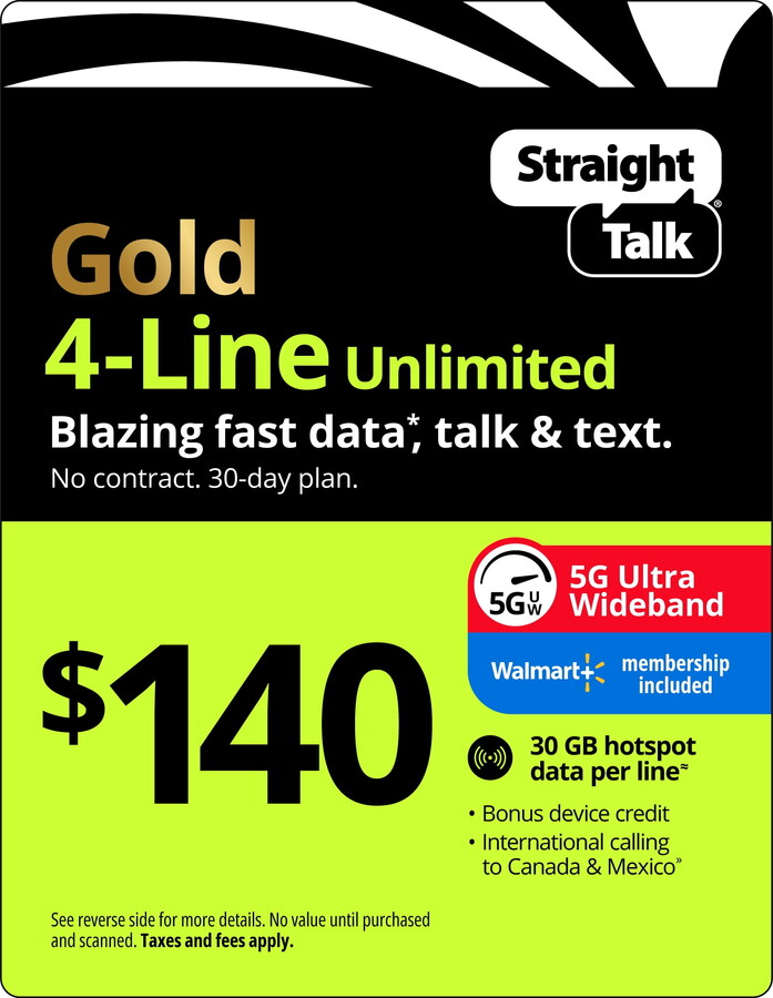 Straight Talk $140 Gold 4-Line Unlimited 30-Day Prepaid Plan, 30 GB Hotspot Data, 100GB Cloud Storage & Int'l Calling e-PIN Top Up (Email Delivery)