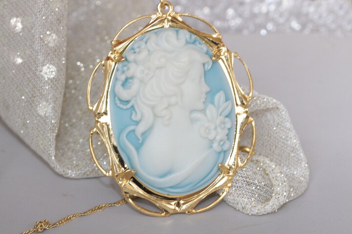 Etsy Cameo Necklace Blue Pendant Pastel Colors Jewelry Lady Victorian Style Acrylic Mother's Day Gift