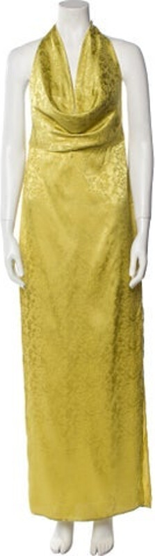 Ronny Kobo Evening Gown Metallic & Yellow Sleeveless with Cowl Neck Concealed Zip Closure at Back Designer