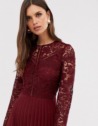 ASOS DESIGN long sleeve lace bodice midi dress with pleated skirt