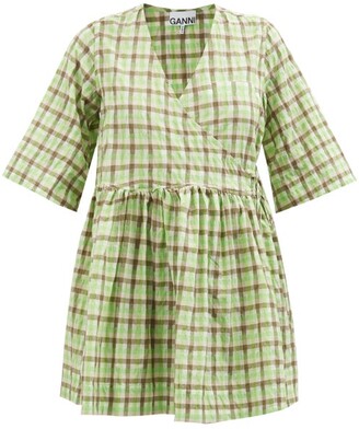 Ganni Checked Organic-cotton Blend Seersucker Mini Dress - Green Multi -  ShopStyle