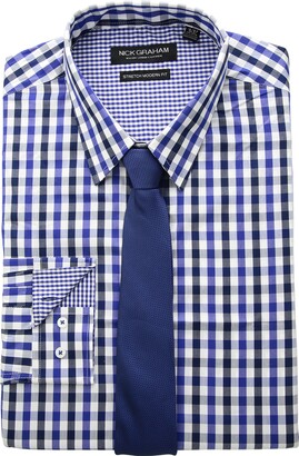 Nick Graham Men's Modern Fitted Multi Gingham Stretch Shirt with Solid tie