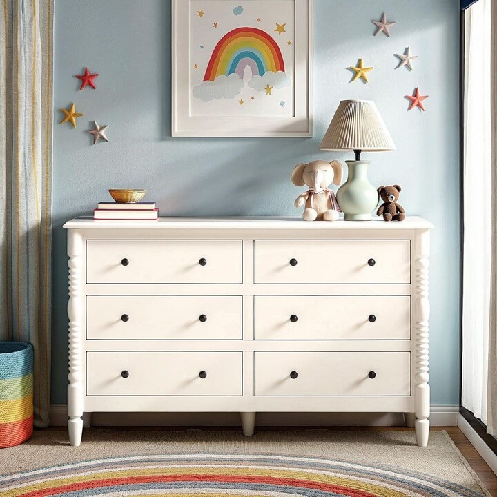 Walker Edison Furniture Company Modern Farmhouse Easy Assembly White 6-Drawer 54 in. Solid Wood Spindle-Detailing Dresser