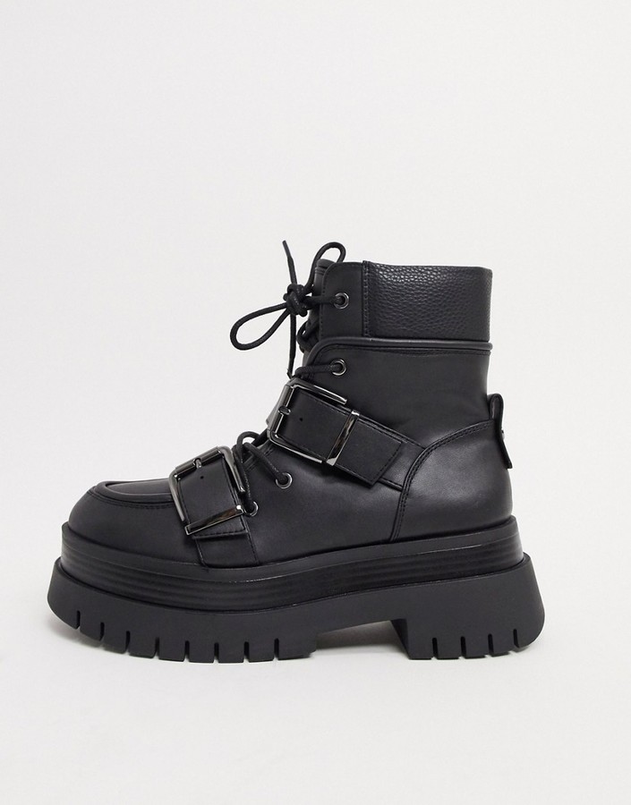 Bershka buckle detail chunky boots in black - ShopStyle