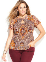 Thumbnail for your product : INC International Concepts Plus Size Short-Sleeve Printed Cutout Top