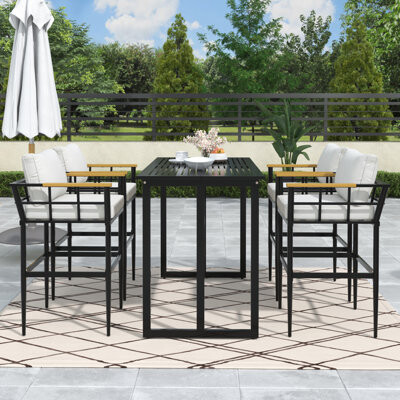 Latitude Run Iron Outdoor Dining Set With Acacia Wood Armrest Suitable For Patio