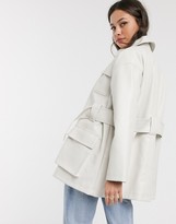 Thumbnail for your product : ASOS DESIGN four pocket belted faux leather jacket in white